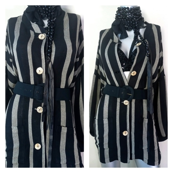 Lagenlook Oversized Pinstripe Asian Girl Wooden Buttons Shacket Relaxed Dress - Picture 3 of 11